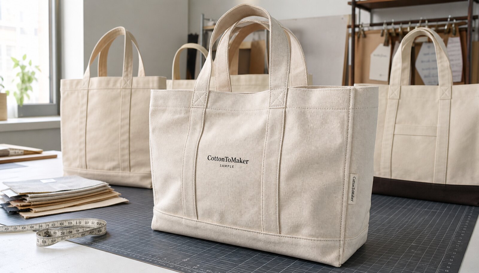 Large natural canvas grocery bags for wineries with a simple CottonToMaker sample logo printed on the bag in a factory sample room