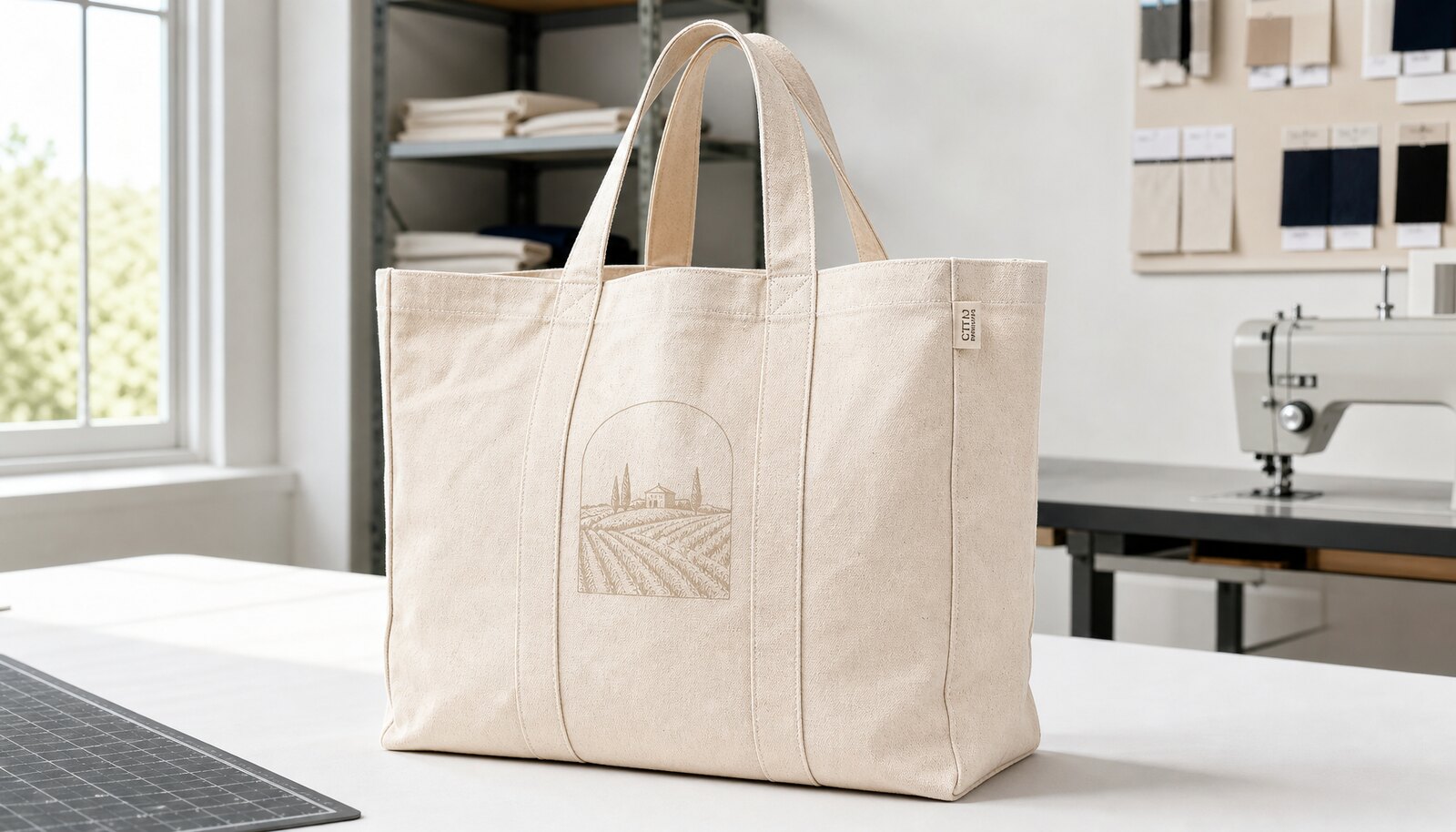 Large natural canvas grocery bag with a sewn CottonToMaker side label in a factory sample room