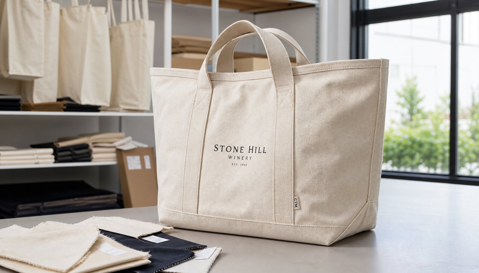 Photorealistic large canvas grocery bag for wineries with a simple CTM CottonToMaker logo on the side label in a factory sample room