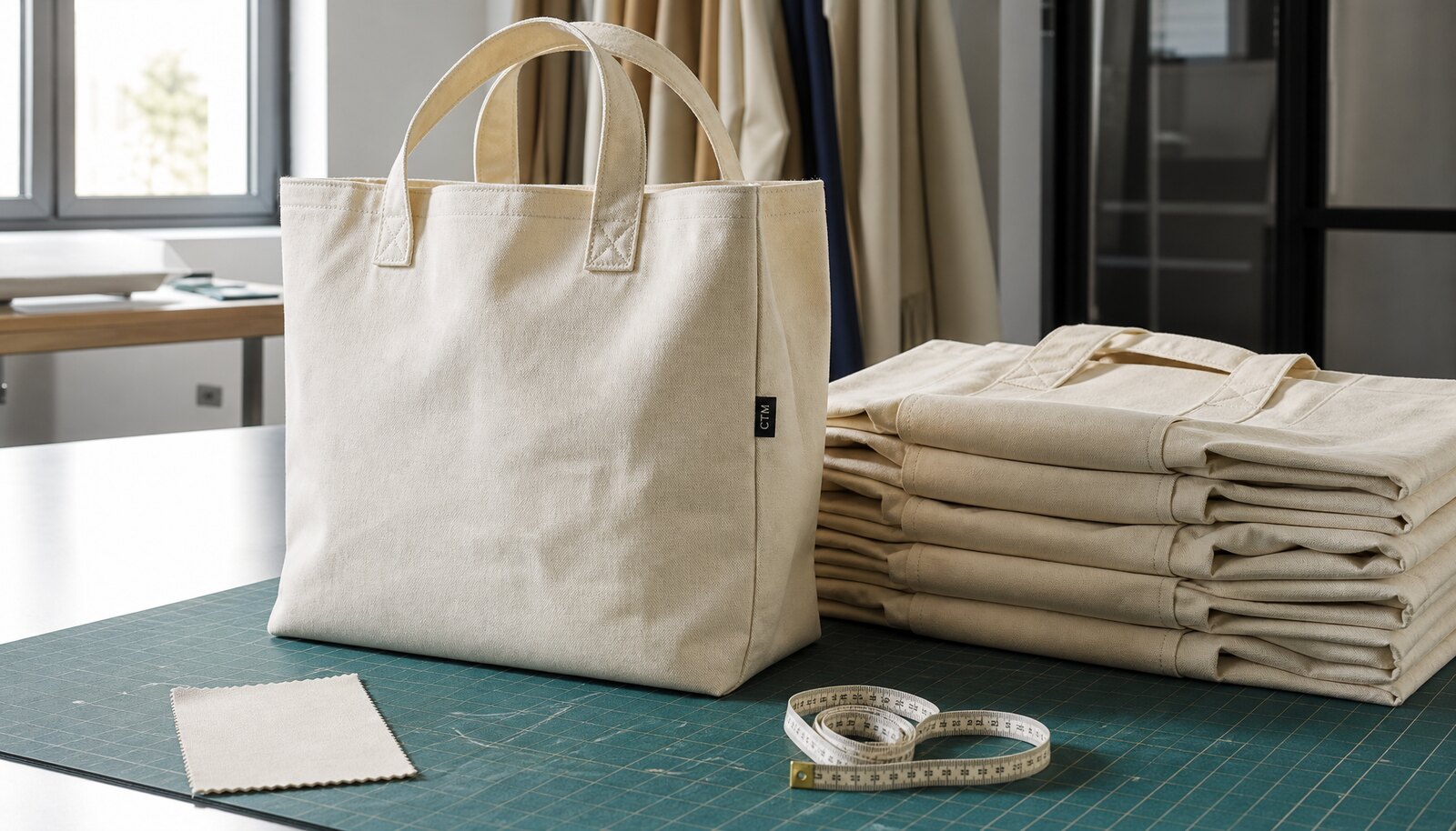 Large natural canvas grocery bags with a small CottonToMaker side label in a clean factory sample room