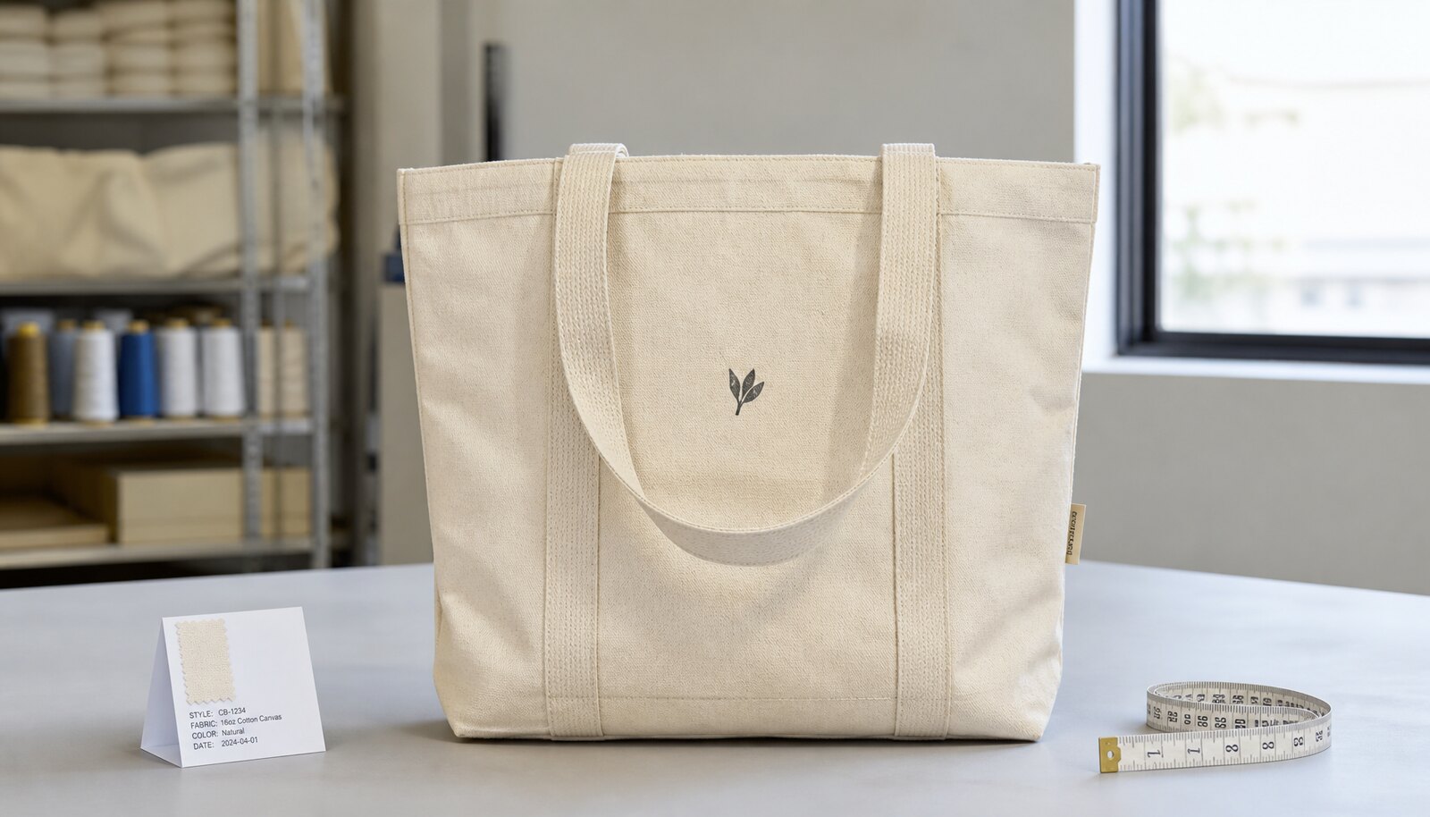 Large natural canvas grocery tote bag with a simple CTM CottonToMaker label and printed logo in a factory sample room