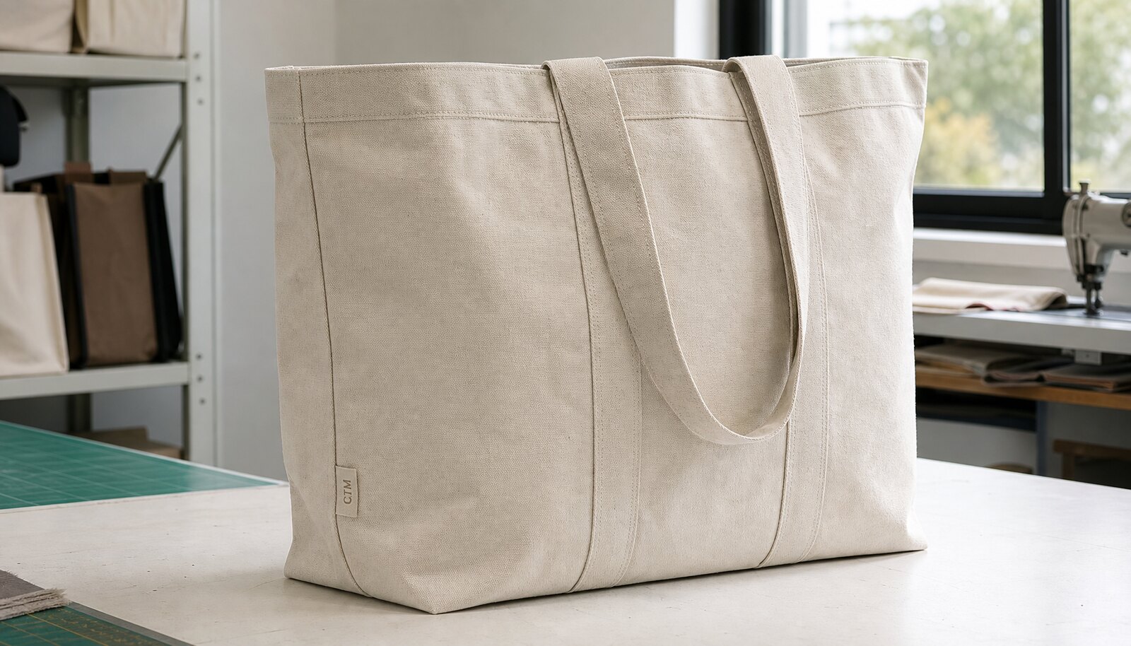 Large natural canvas tote bag with a small CTM CottonToMaker logo printed on the front in a clean factory sample room