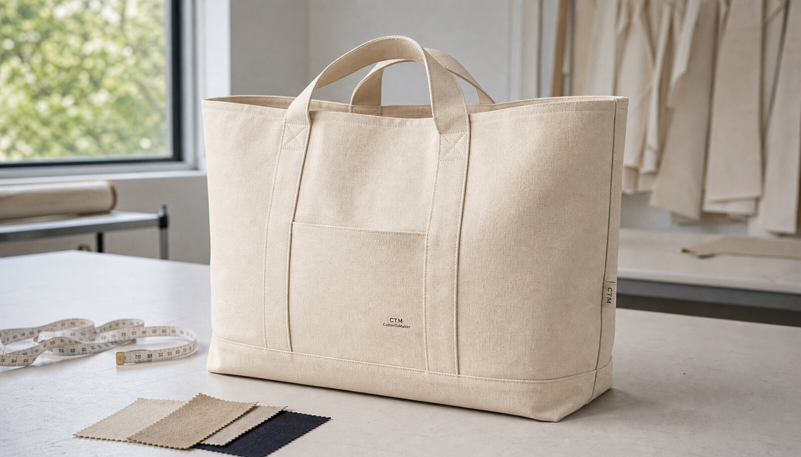 Large natural canvas tote bag with a small CTM sample logo, shown in a clean factory sample room