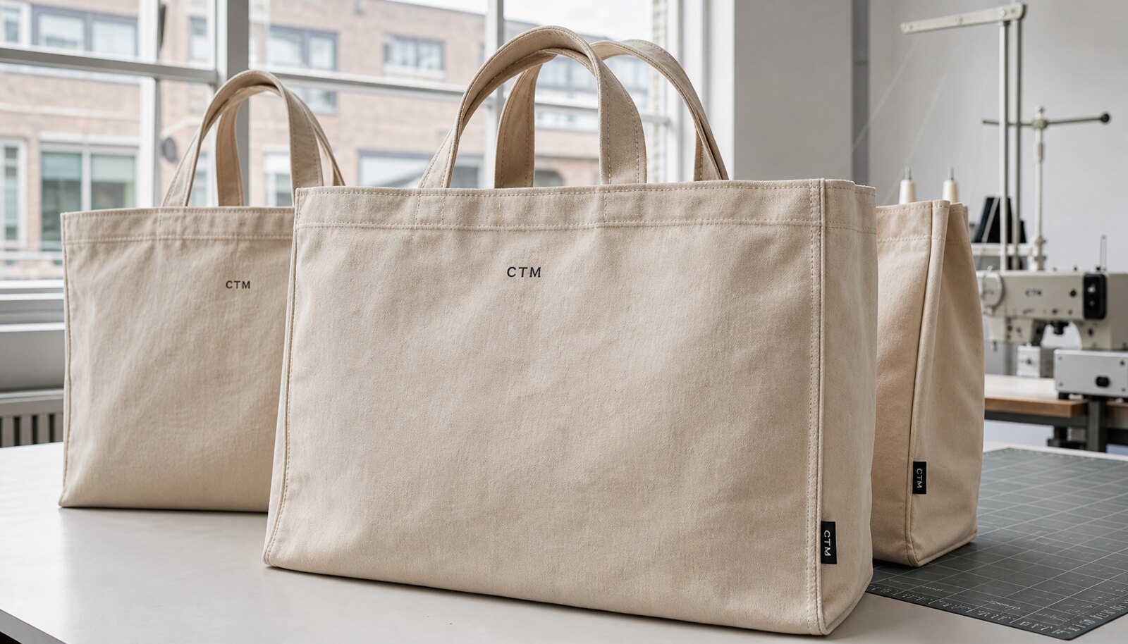Large natural canvas tote bag with a small CTM logo printed directly on the front, shown in a clean factory sample room