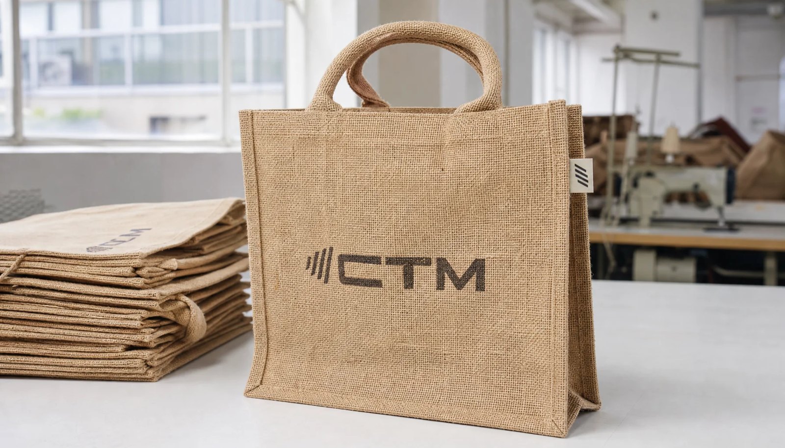 Photorealistic jute tote bag with a simple CTM sample logo in a factory sample room