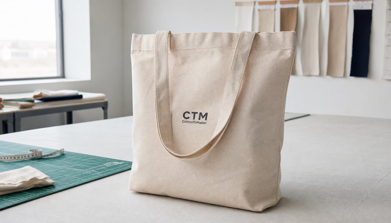 Natural canvas tote bag sample with a small CTM/CottonToMaker logo print in a clean factory sample room