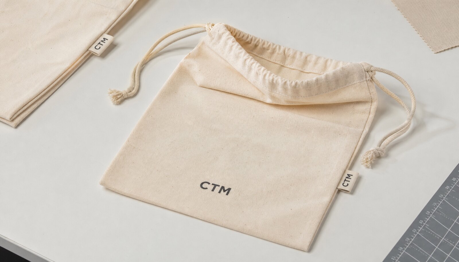 Photorealistic cotton drawstring pouch sample with a simple CTM logo printed on the front in a factory sample room.