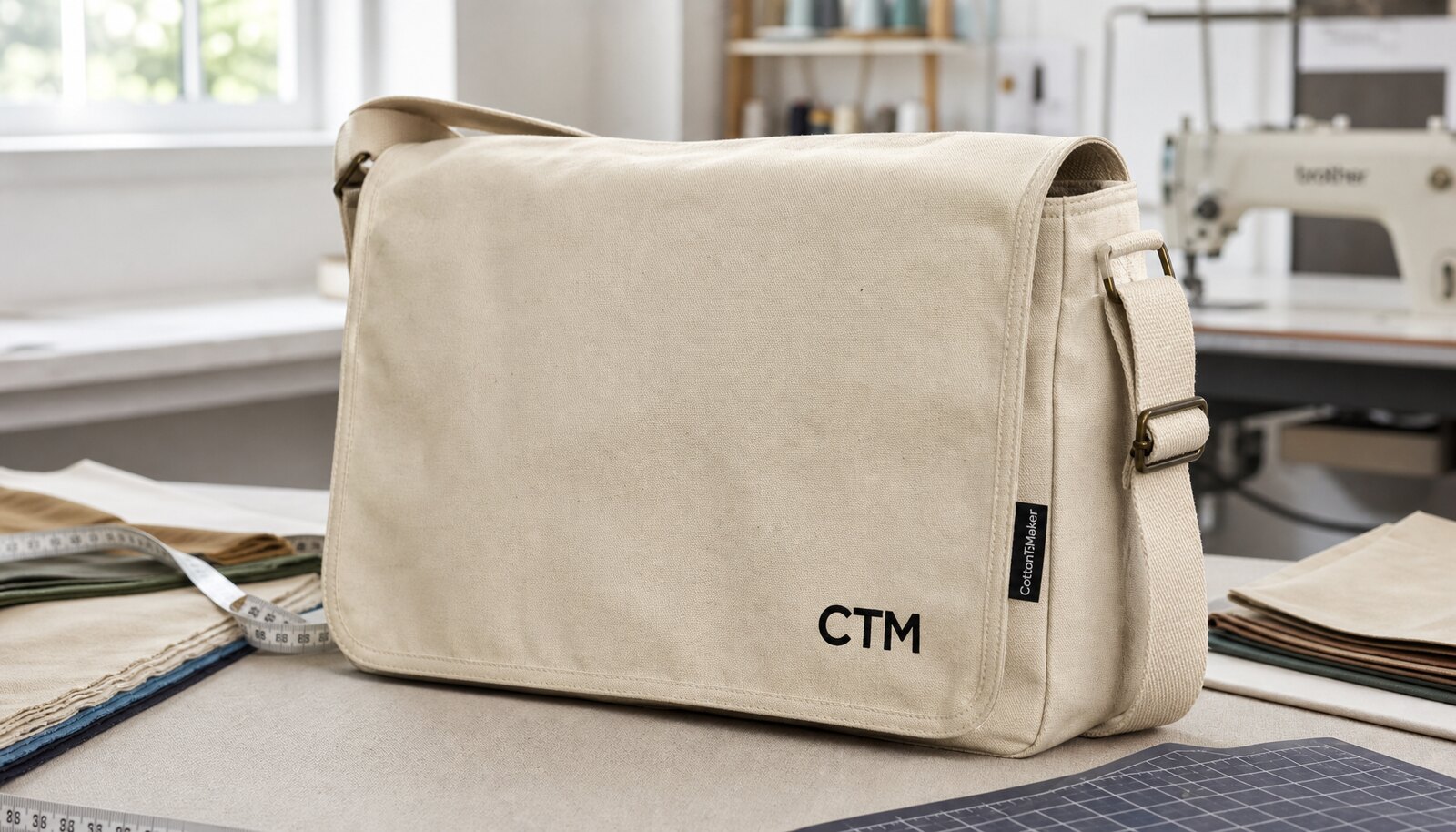 Natural canvas messenger bag sample with CTM printed logo and CottonToMaker woven side label