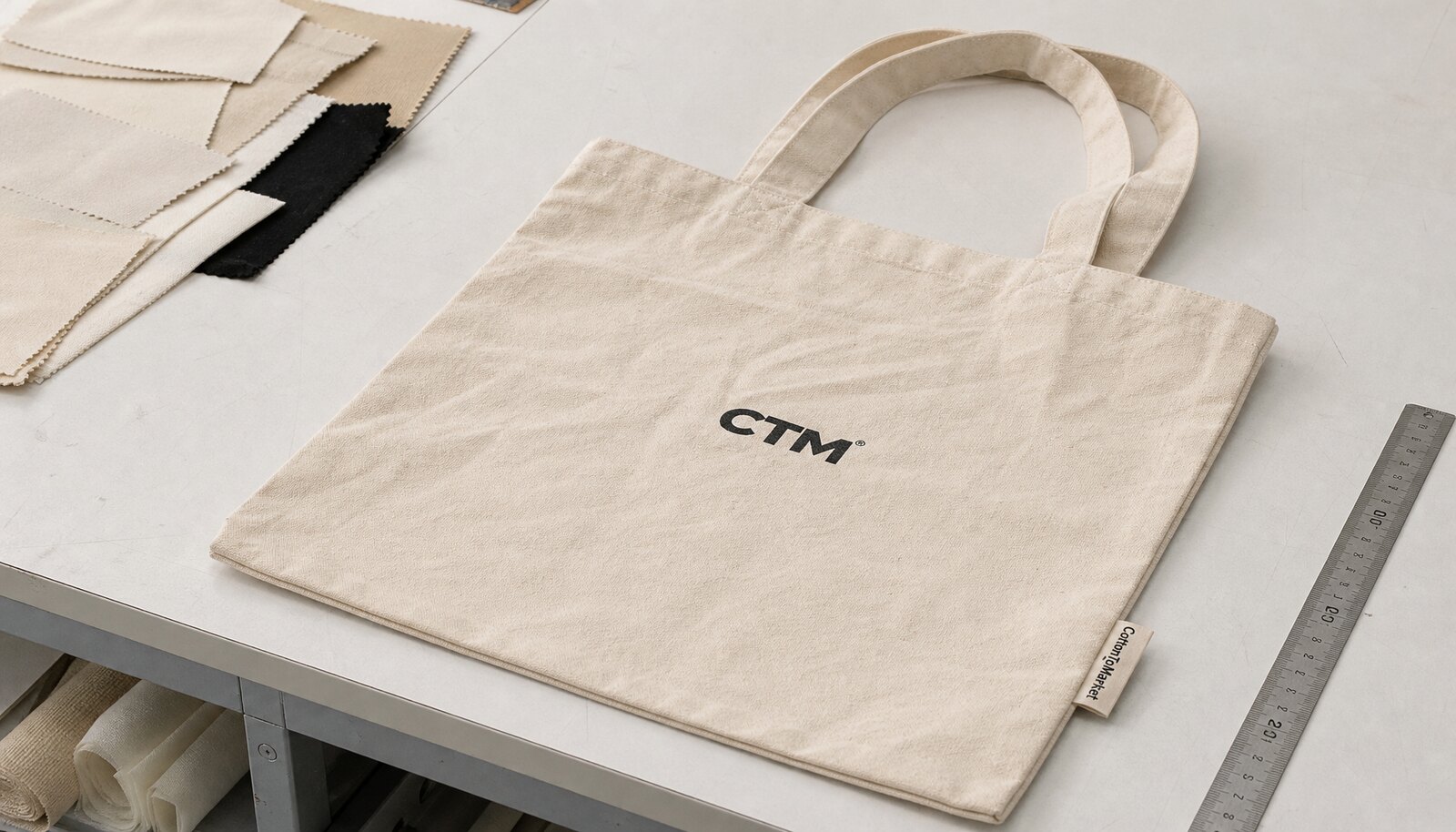 Photorealistic organic cotton tote sample with a simple CTM logo printed on the front in a factory sample room