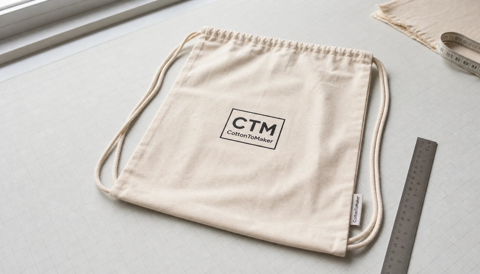 Natural cotton drawstring backpack with front logo placement measured in a factory sample room