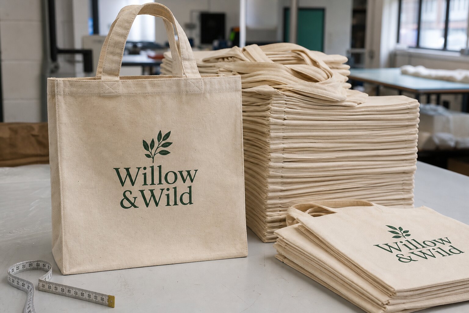Logo printed organic cotton tote bags with reinforced handles on a factory inspection table