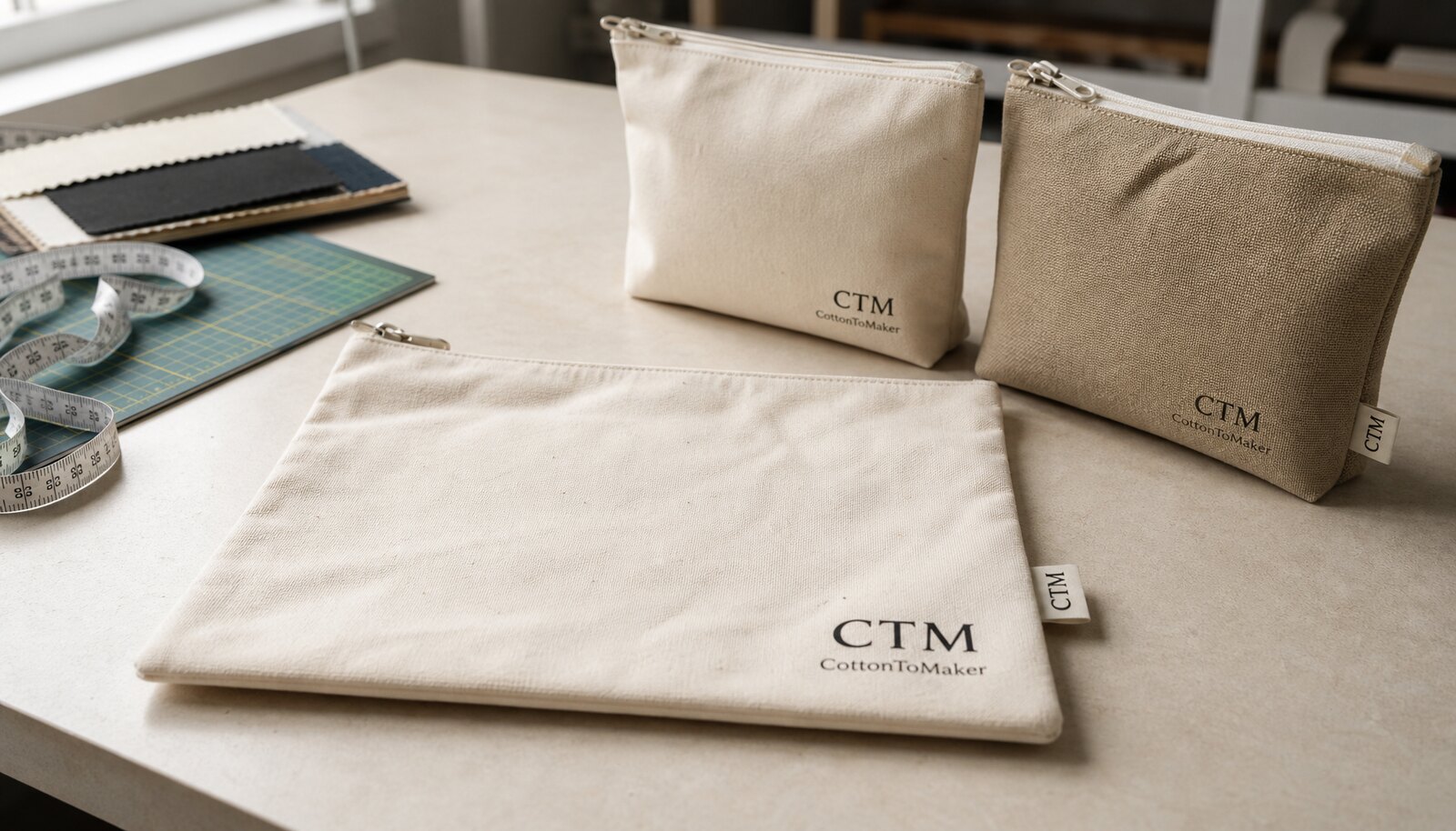 A cotton canvas zipper pouch sample in a factory room with a small CTM side label and visible zipper detail.