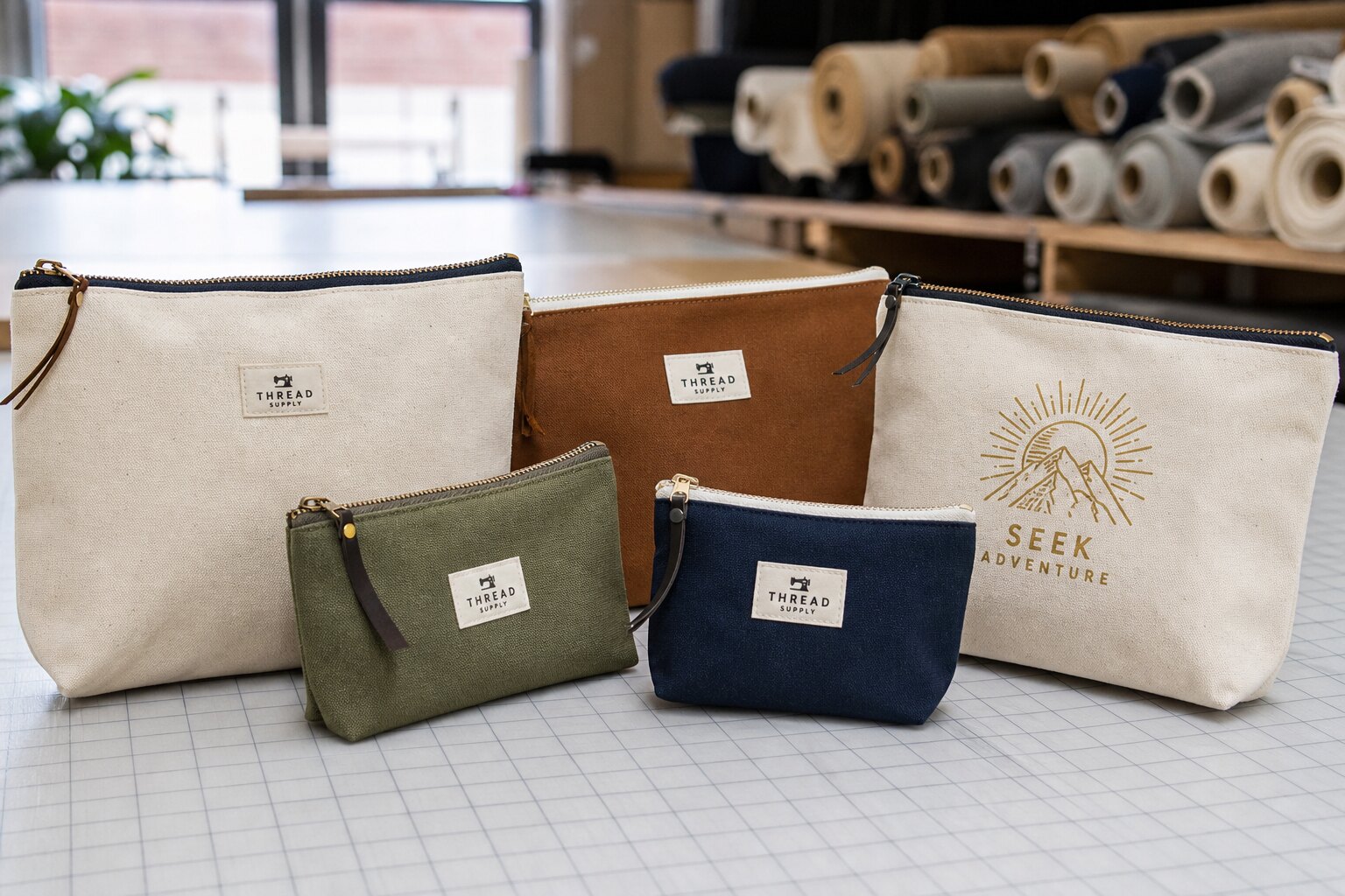 Finished logo zipper pouches with printed and woven branding on a factory cutting table