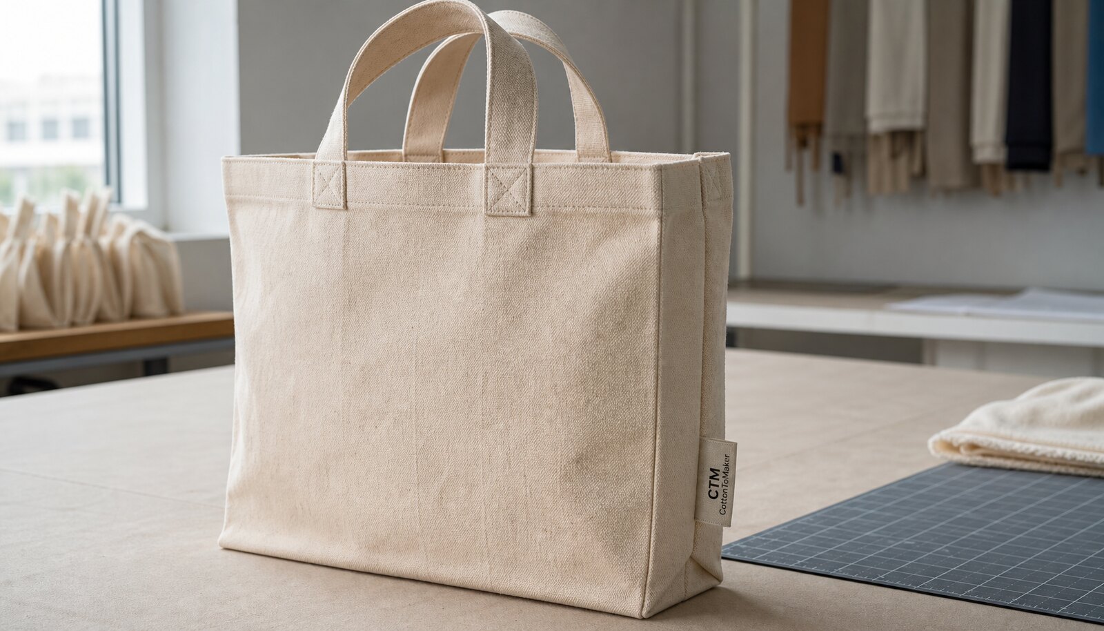Organic cotton tote bag sample with a small CTM logo on a clean factory sample room table.