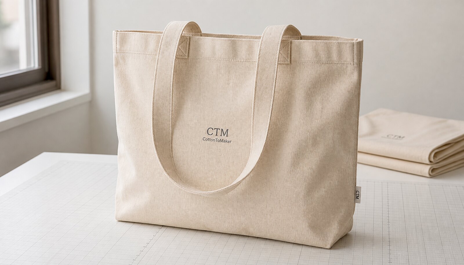 Natural canvas tote bag with a simple CTM CottonToMaker logo printed on the front in a clean sample room