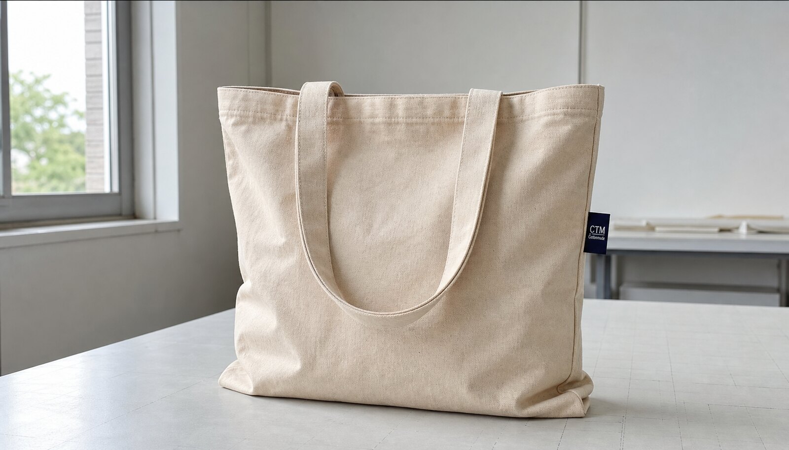Natural canvas tote bag with a small CTM woven side label sewn into the seam in a clean sample room.