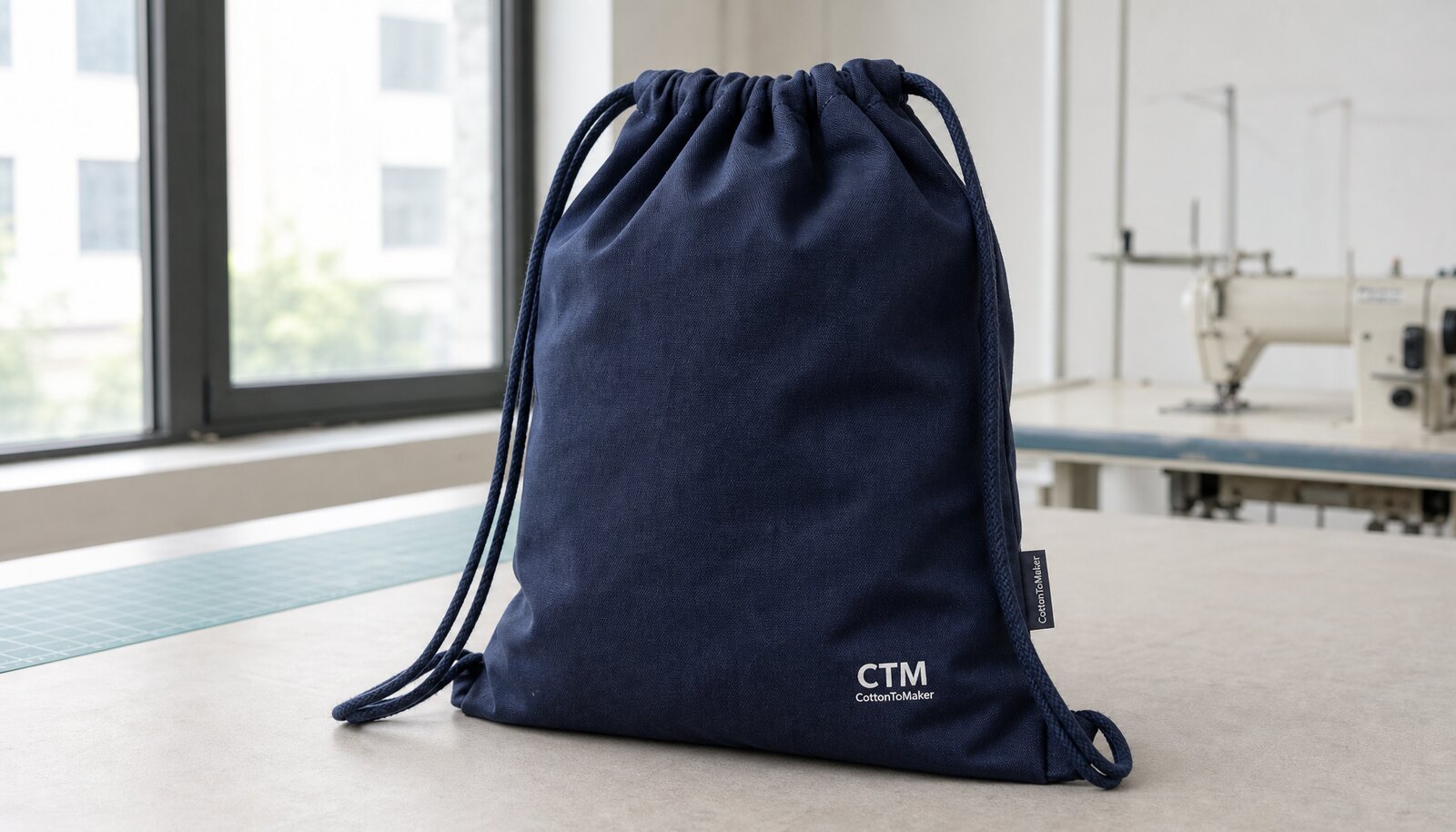 Navy monogrammed drawstring backpack with a simple CTM CottonToMaker logo printed on the front in a factory sample room