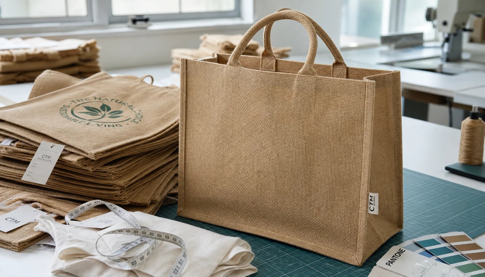 Photorealistic jute tote bag sample with a small CTM/CottonToMaker side label stitched into the seam in a factory sample room