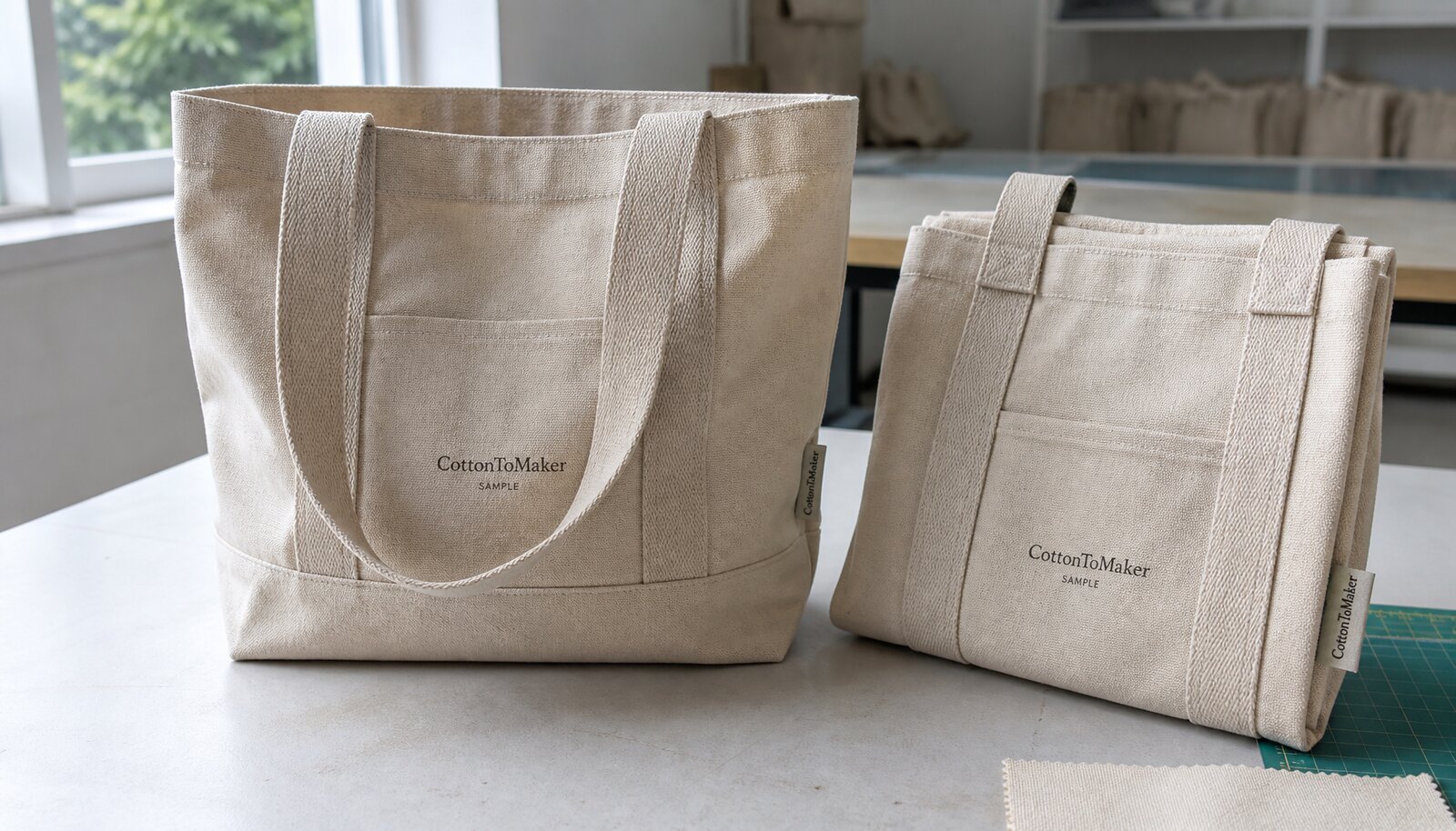 Natural canvas tote samples in a factory sample room with a small CottonToMaker logo on the front