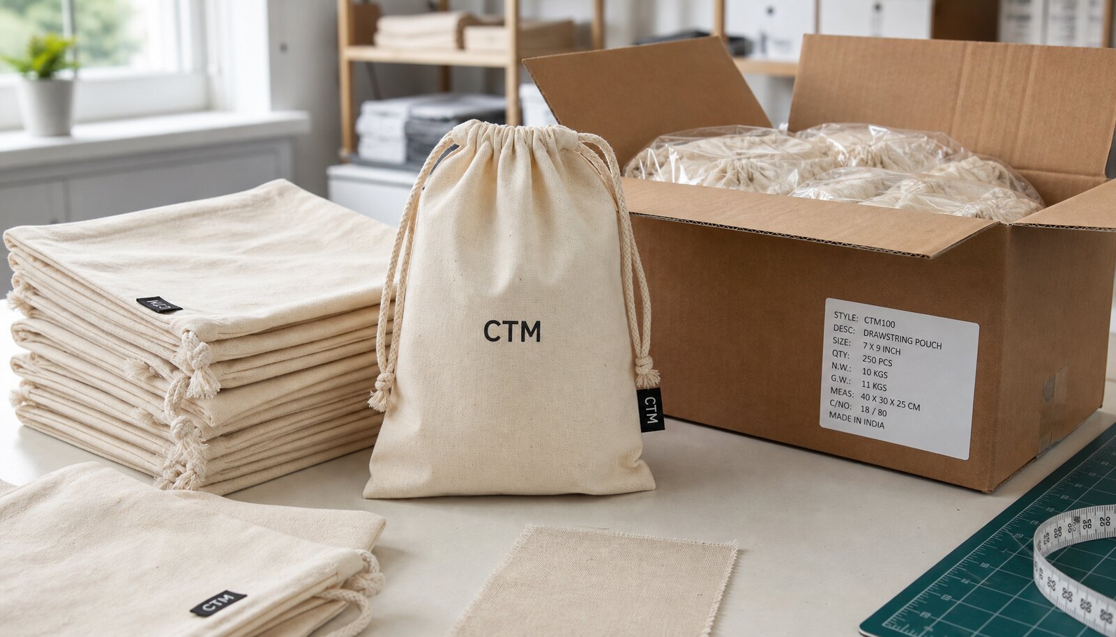 Natural muslin drawstring pouches with CTM sample logo packed in export carton