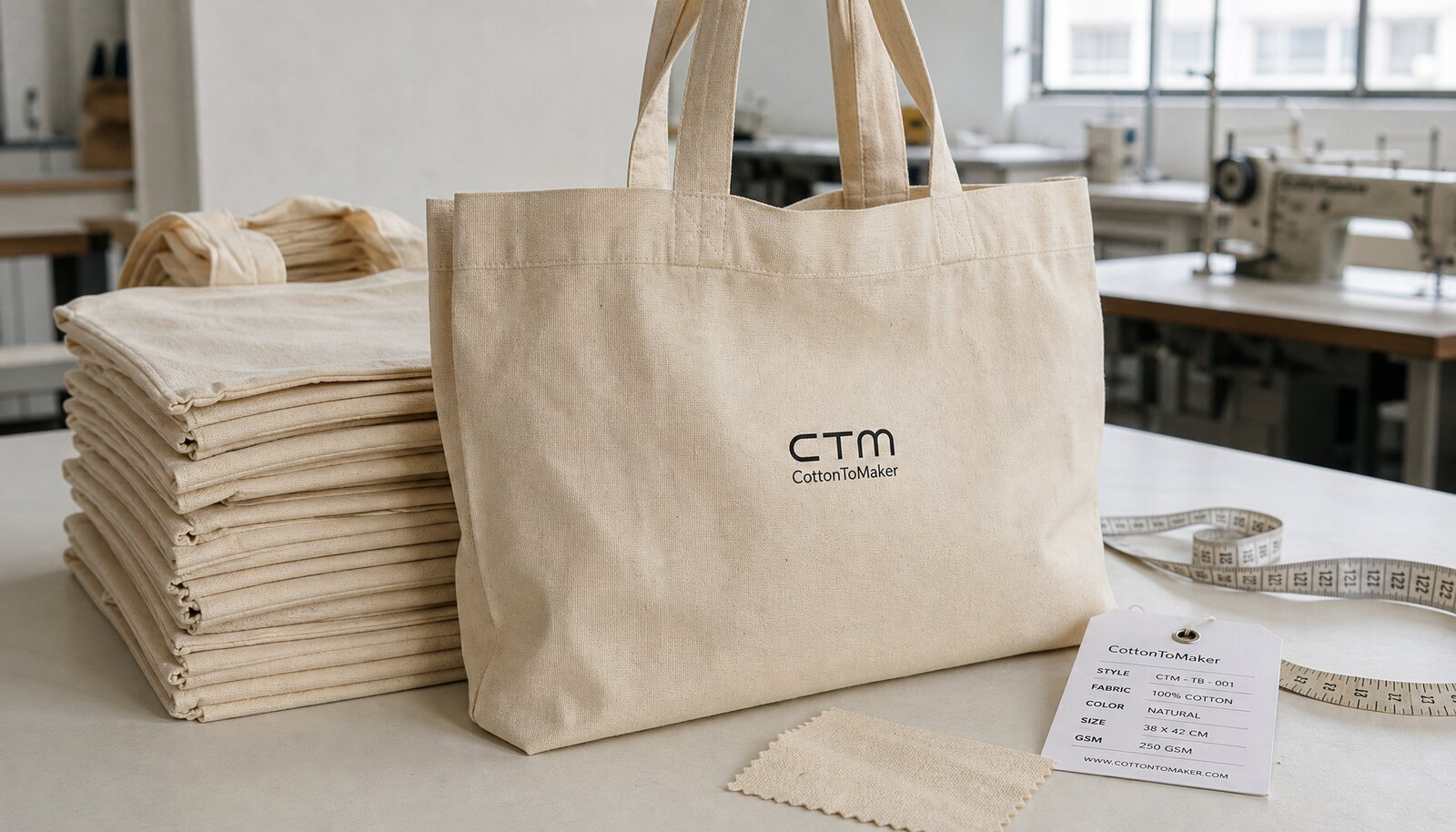 Natural cotton shopping bags with a simple CTM logo printed on a sample bag in a factory sample room