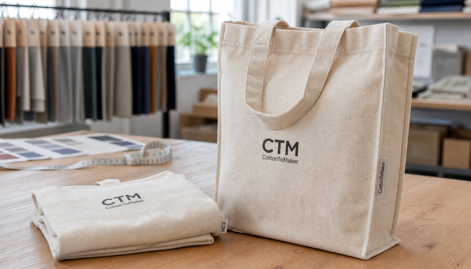 Natural cotton tote bag sample with CTM logo and CottonToMaker side label in a factory sample room