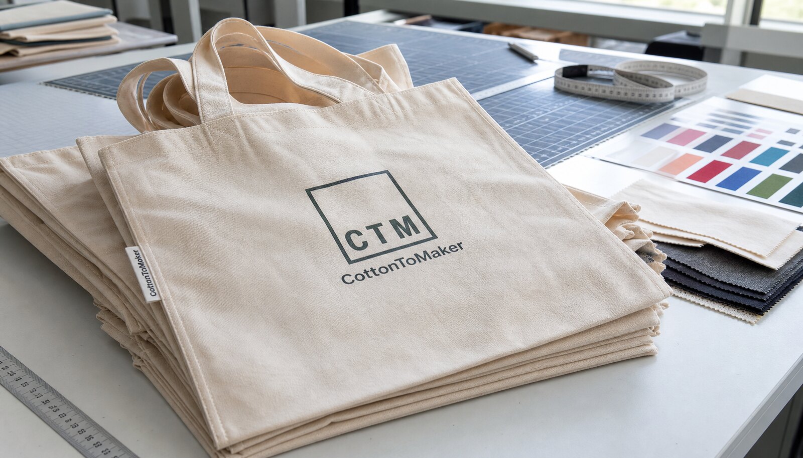 Natural cotton tote bags and sample materials in a factory sample room with a CTM logo printed on one tote.