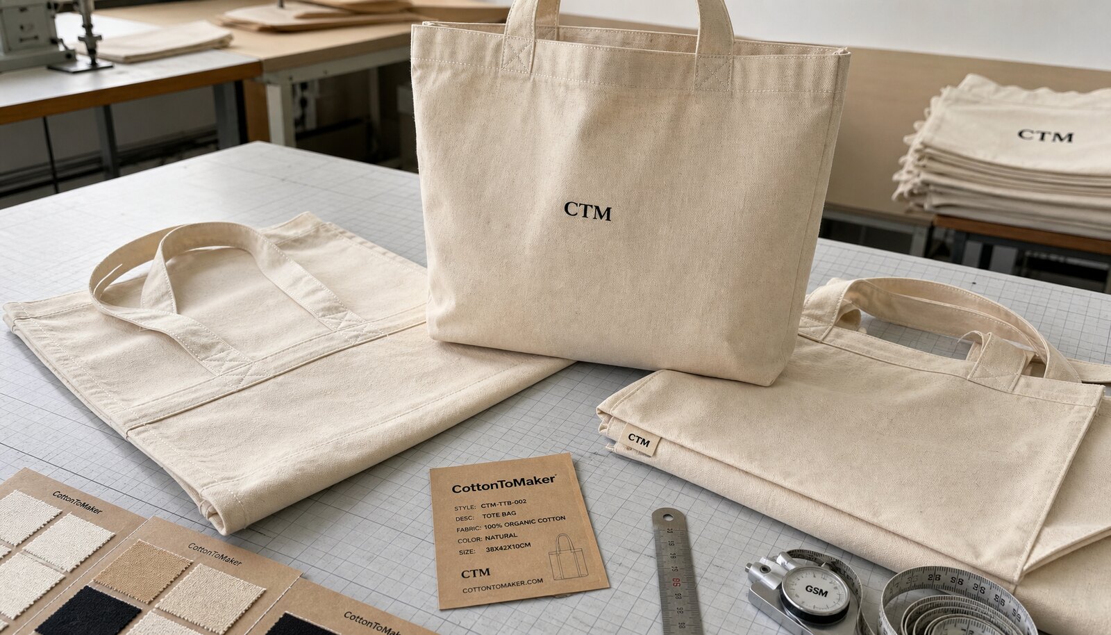 Natural cotton tote bag samples with fabric swatches and QC tools for procurement cost review