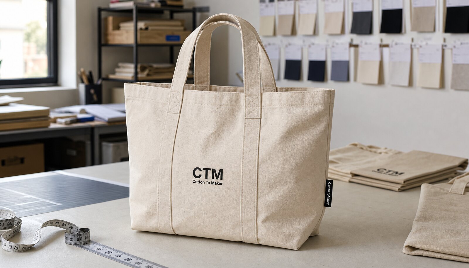 Organic canvas tote bag sample with CTM logo in a factory sample room