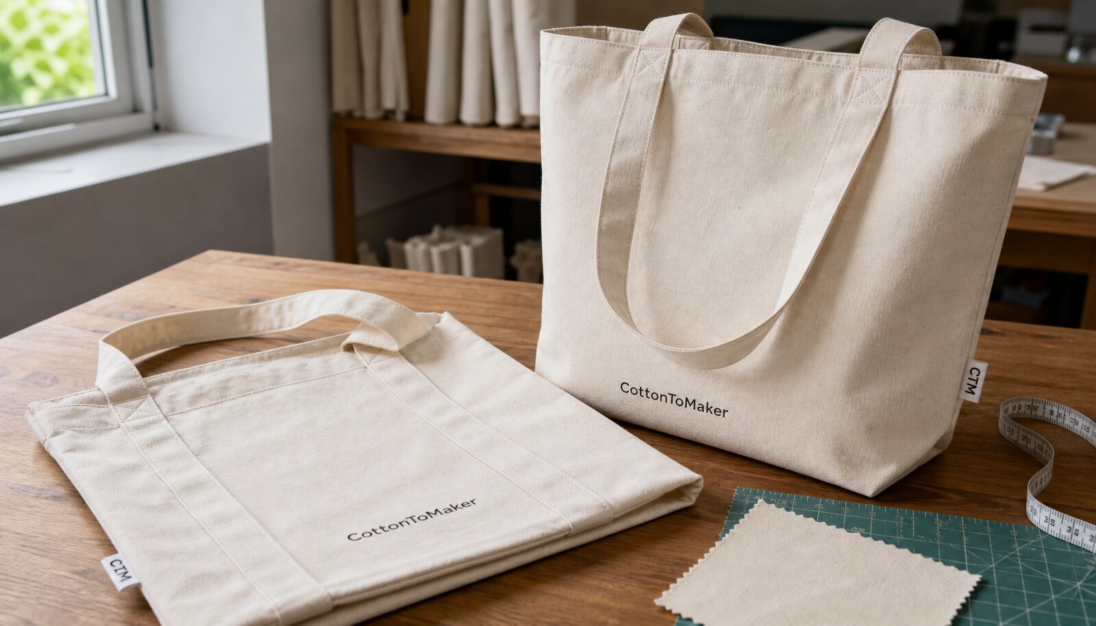 Organic canvas tote bag sample with CTM CottonToMaker logo in a factory sample room