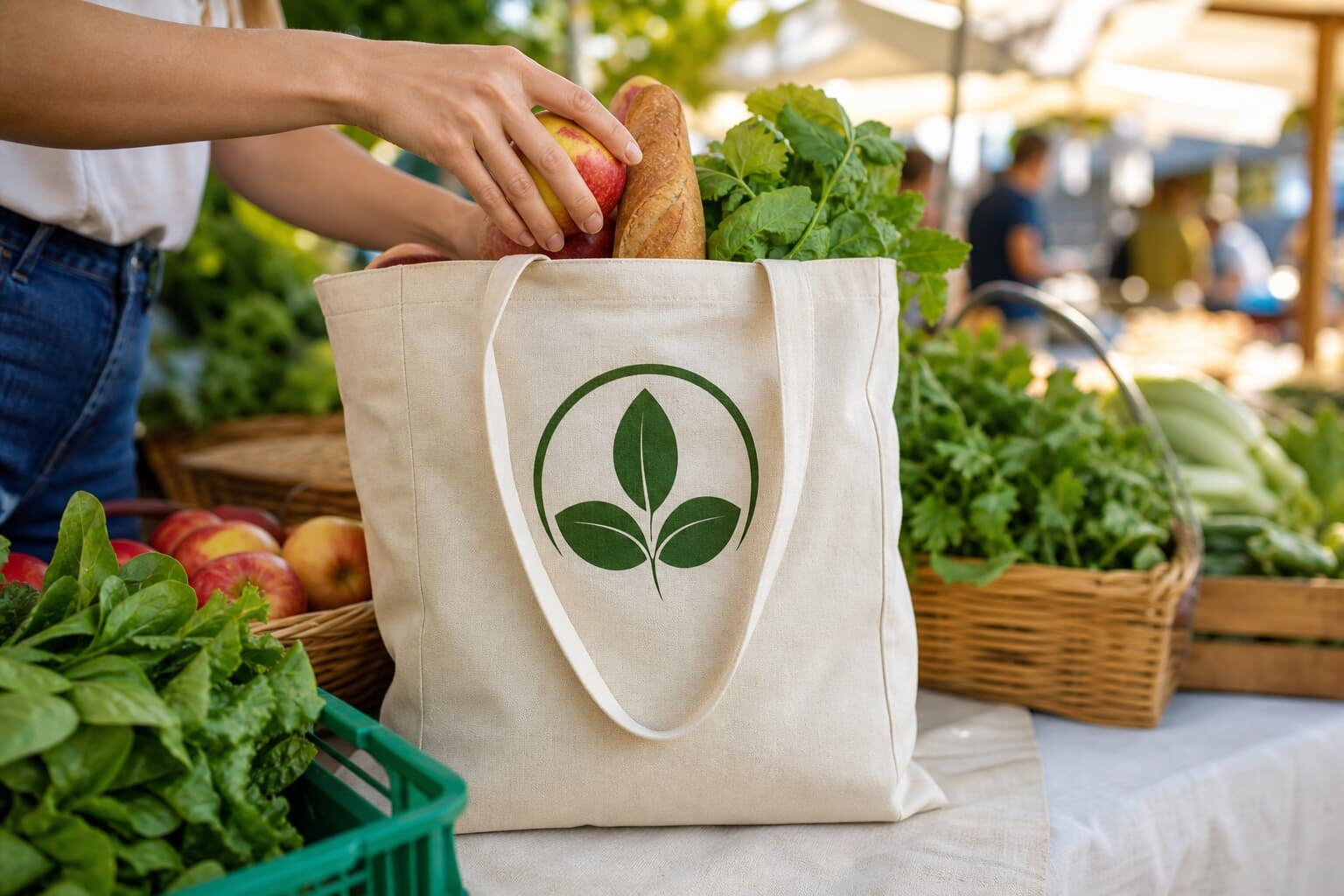 Organic cotton tote bag with CTM logo showing bottom gusset corner construction in a factory sample room