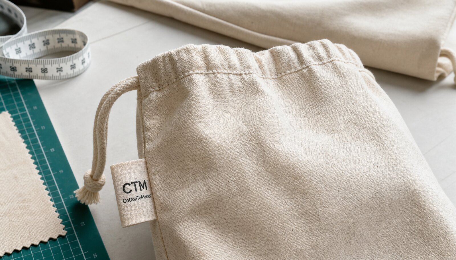 Organic cotton drawstring bag sample showing a close-up of the channel seam and a small CottonToMaker woven side label.