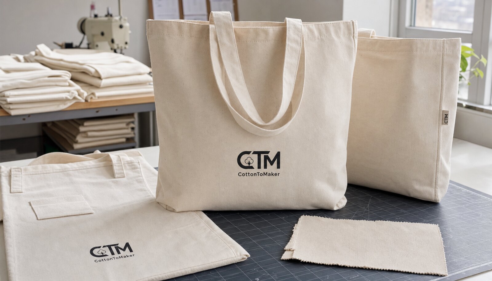 Natural organic cotton tote bag sample with CTM logo printed on the front panel and side label in a factory sample room