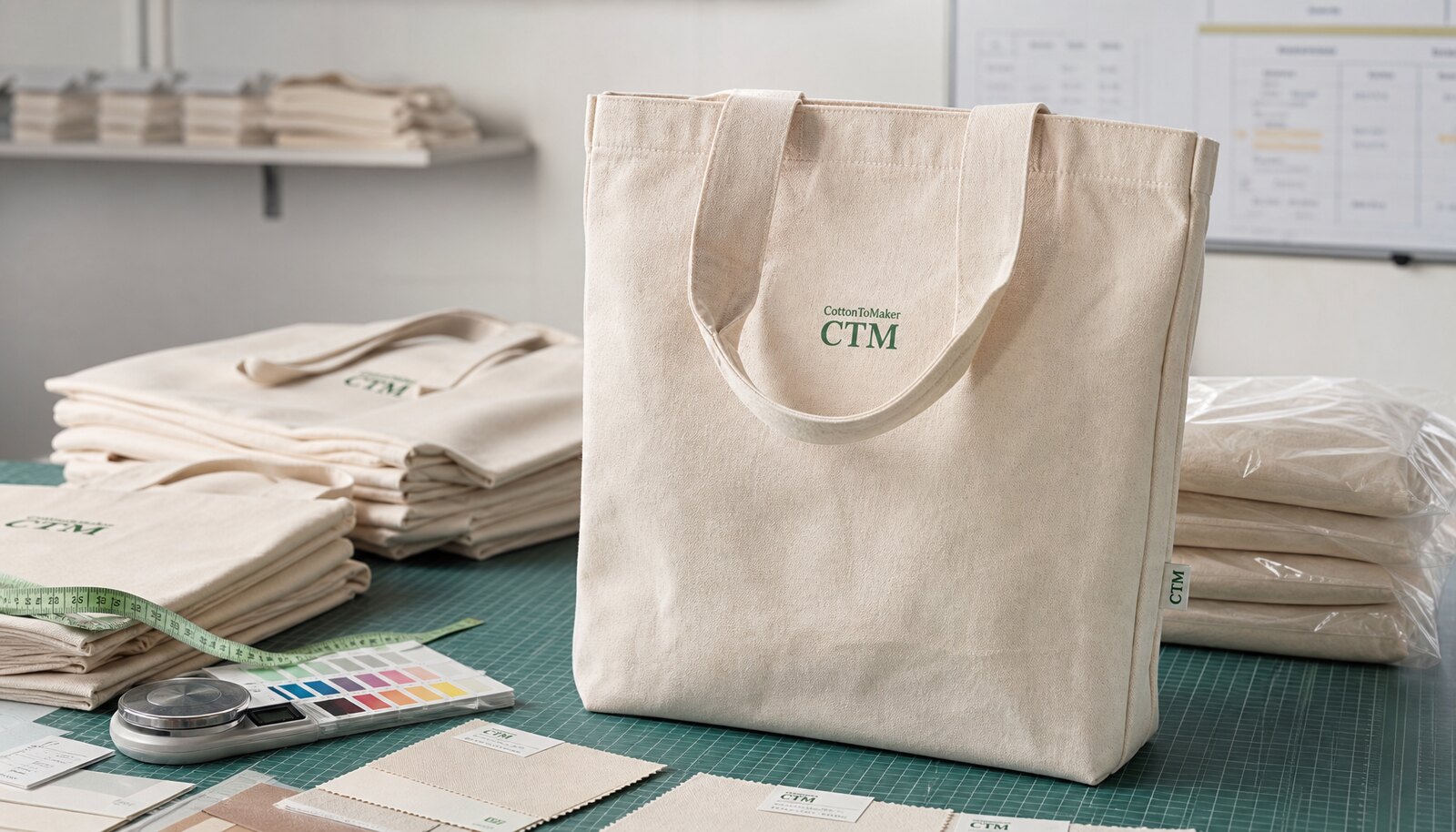 Organic cotton tote bag sample with CTM logo inspected in a factory sample room