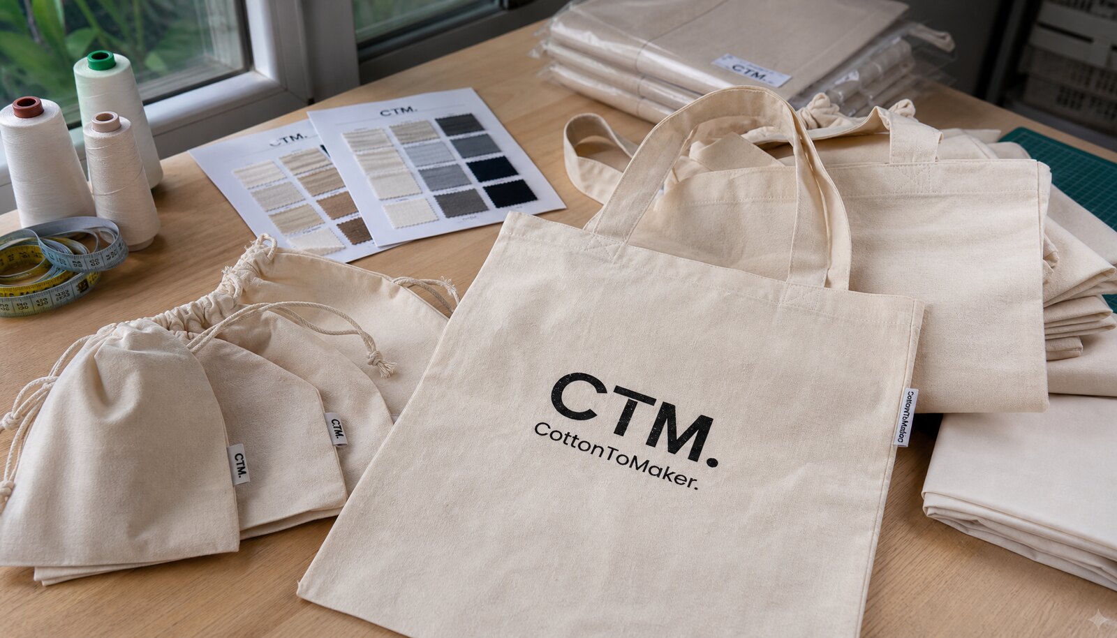 Organic cotton tote bag samples with CTM logo in a factory sample room