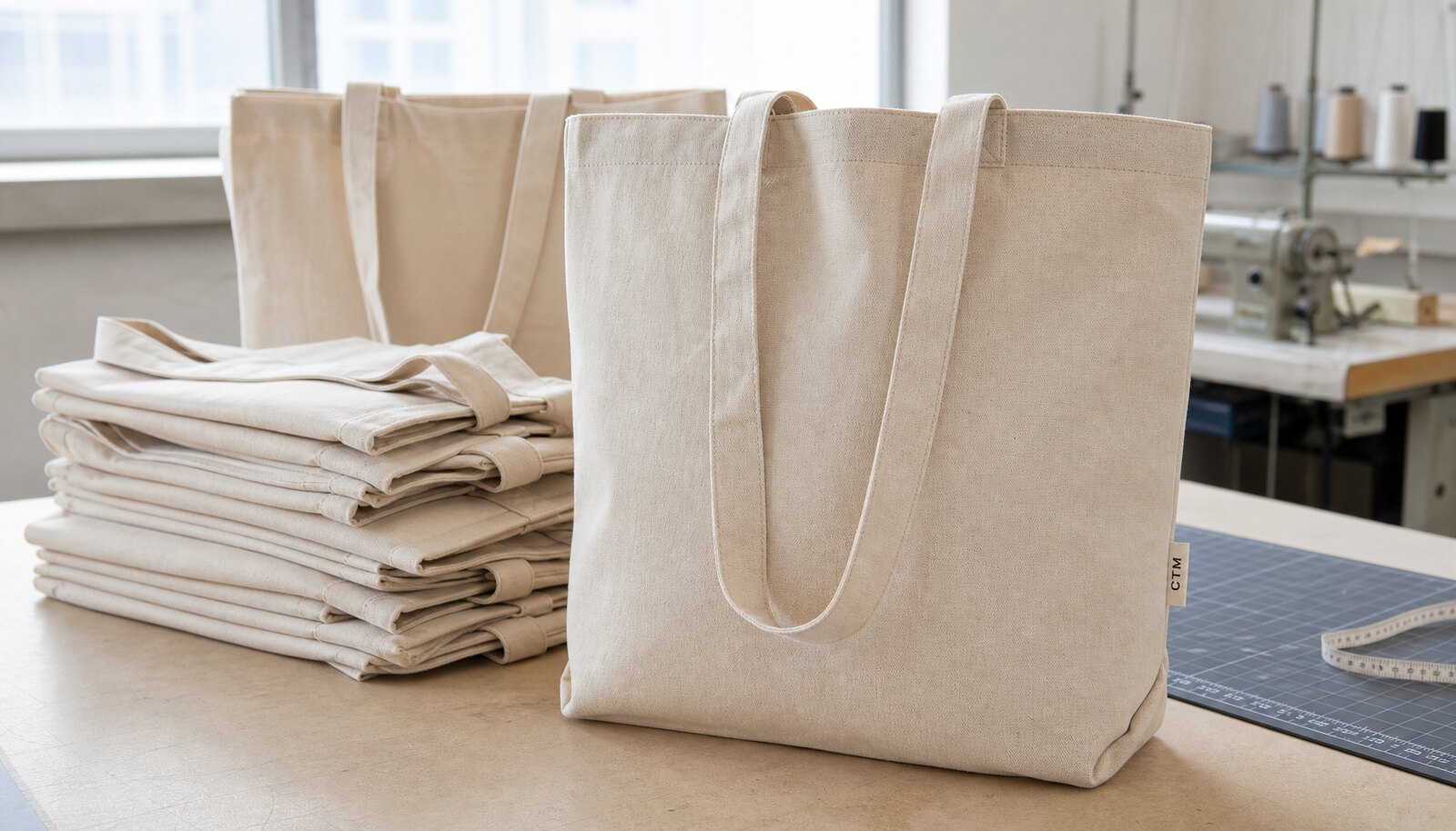 Organic cotton tote bag with a CTM woven side label shown in a clean factory sample room