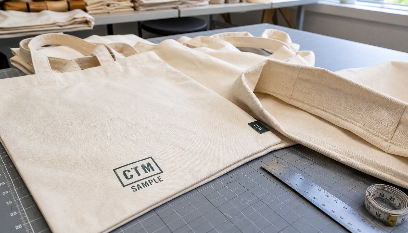 Organic cotton tote bag sample with CTM logo and side seam allowance measurement in a factory sample room