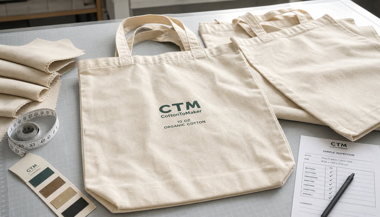 Organic cotton tote bag sample with CTM logo on factory audit table