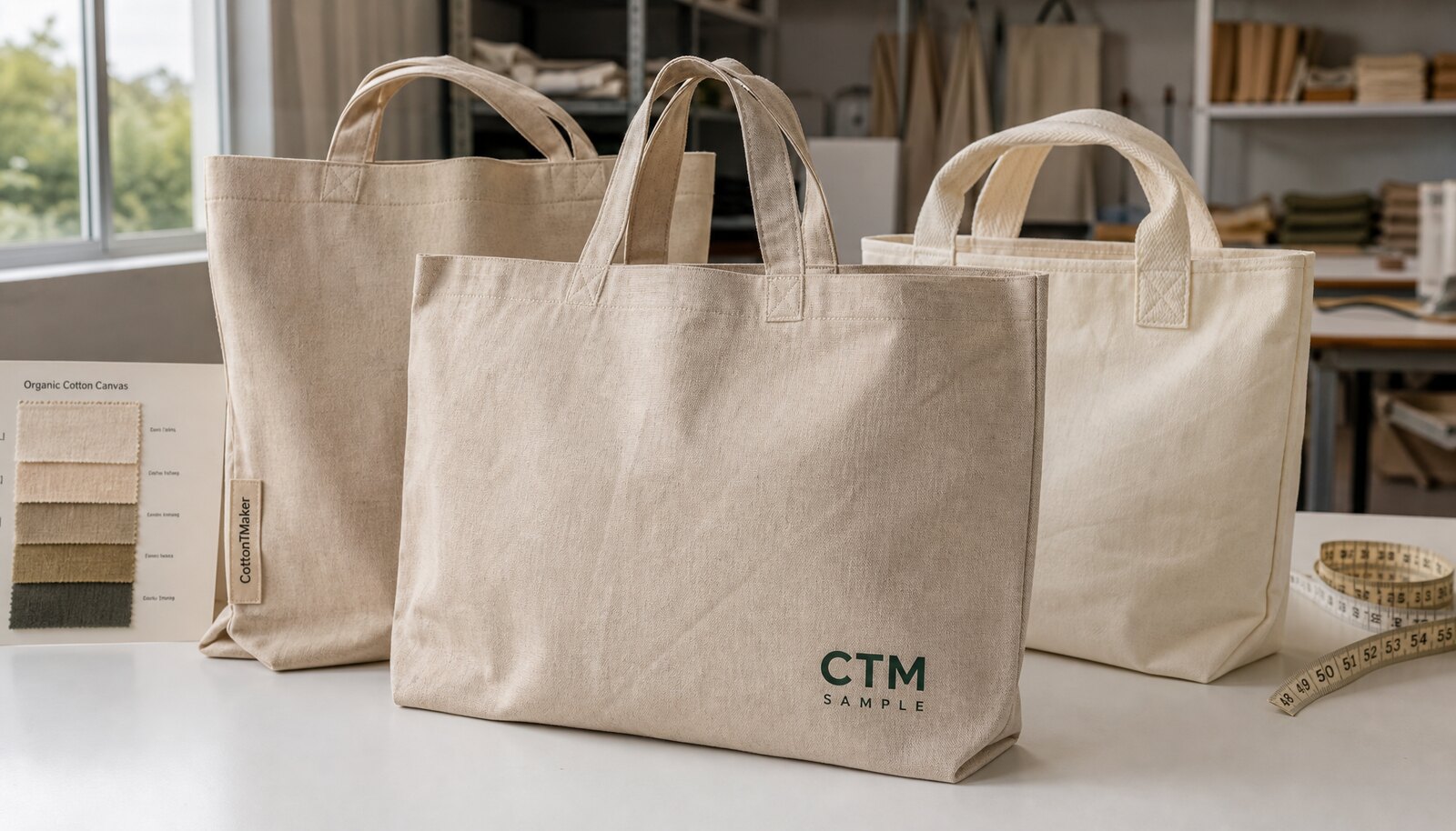 Organic cotton tote bag samples with CTM printed logo and CottonToMaker side label in a factory sample room