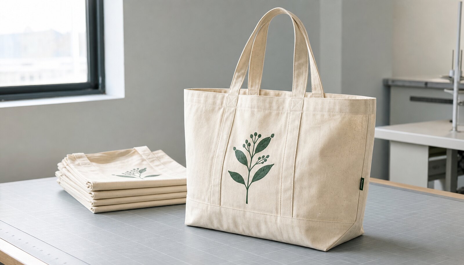 Unbleached organic cotton retail tote in a clean sample room