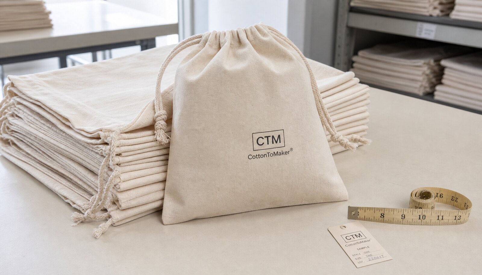 Organic cotton drawstring bags with a simple CTM CottonToMaker logo printed on the front in a factory sample room