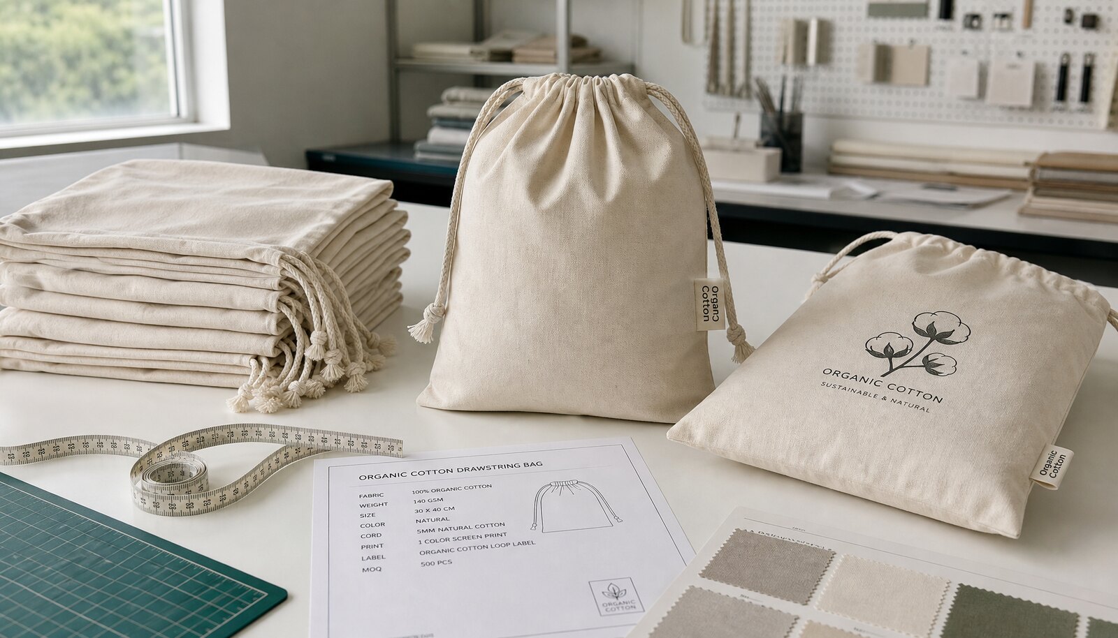 Organic cotton drawstring bags with a woven side label in a factory sample room