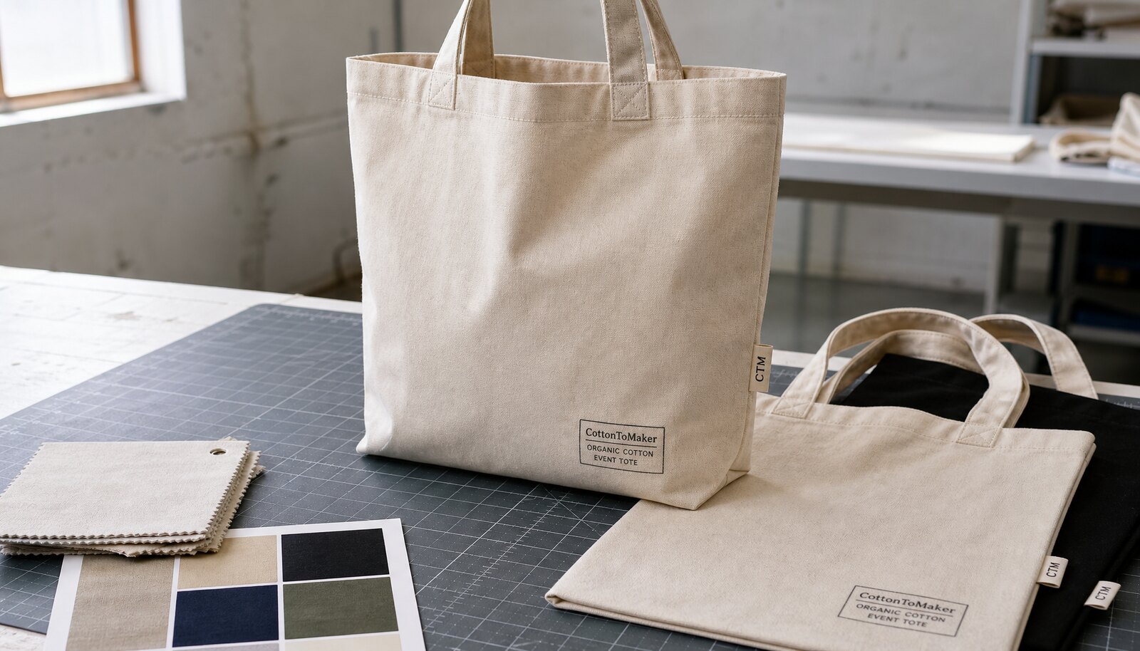 Natural organic cotton event tote bag with CTM sample logo printed on the front panel in a factory sample room
