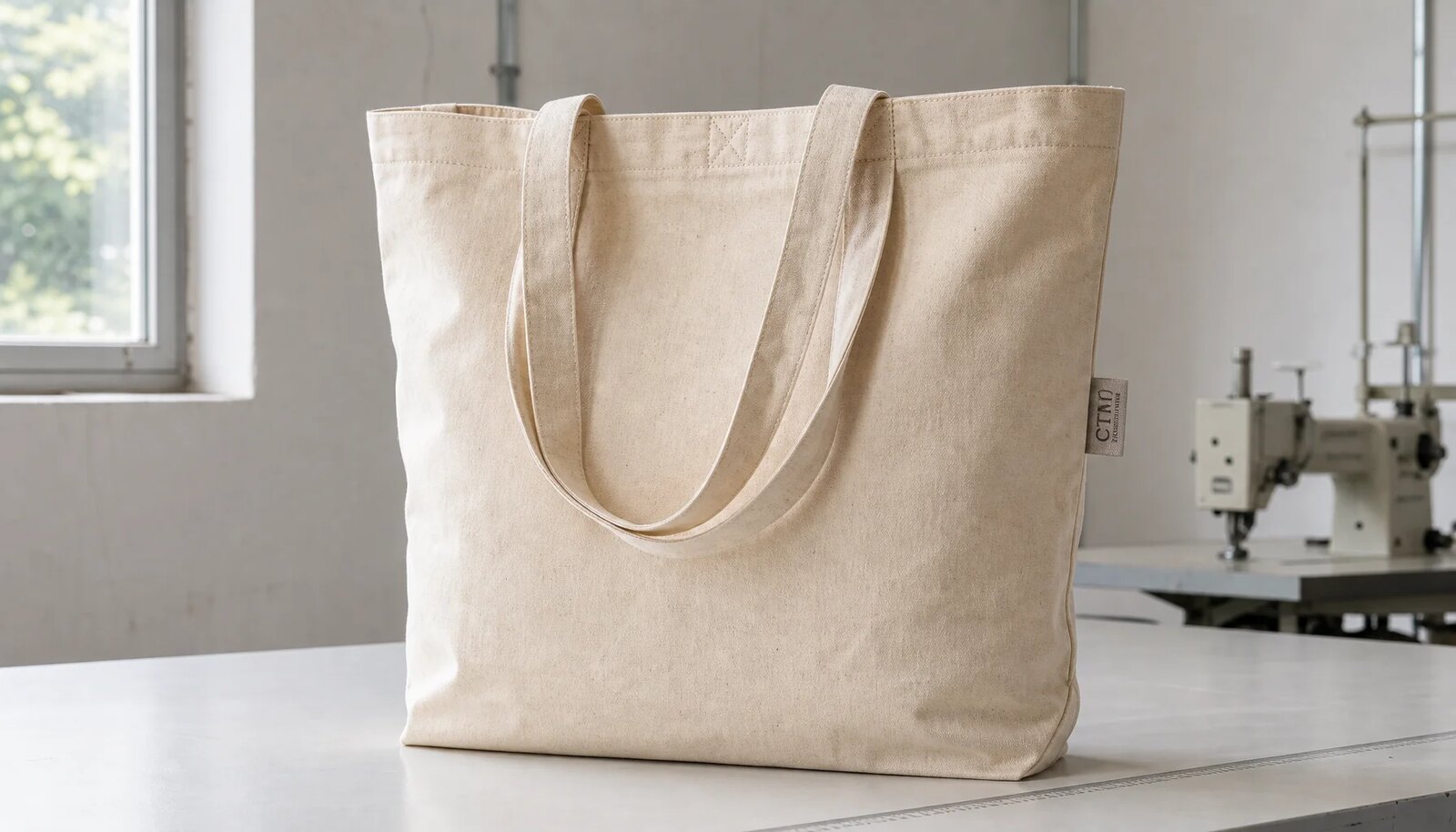 Organic cotton tote sample with reinforced handles in a factory sample room