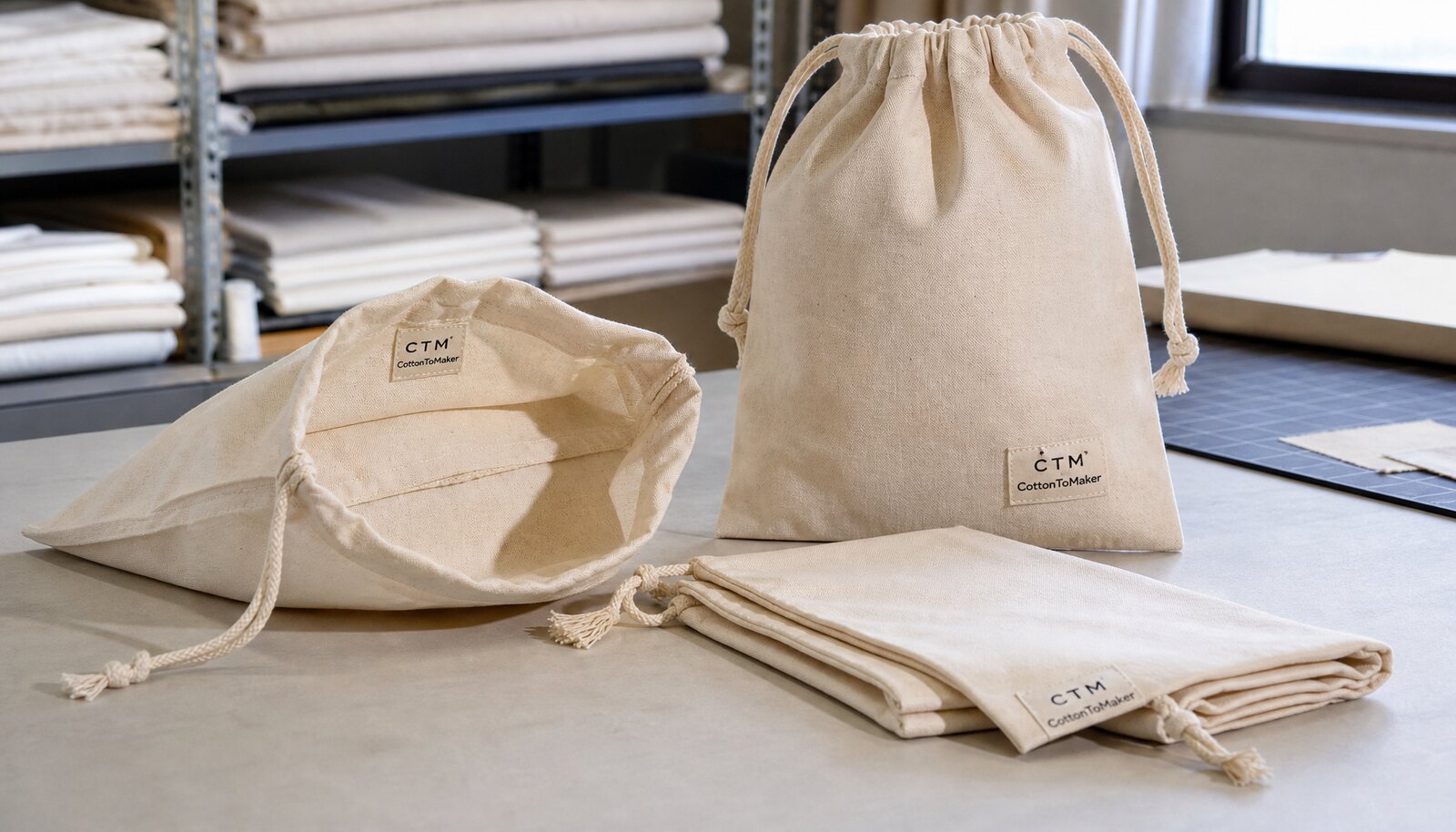 Organic cotton gift bags with a simple CTM sample logo shown in a factory sample room