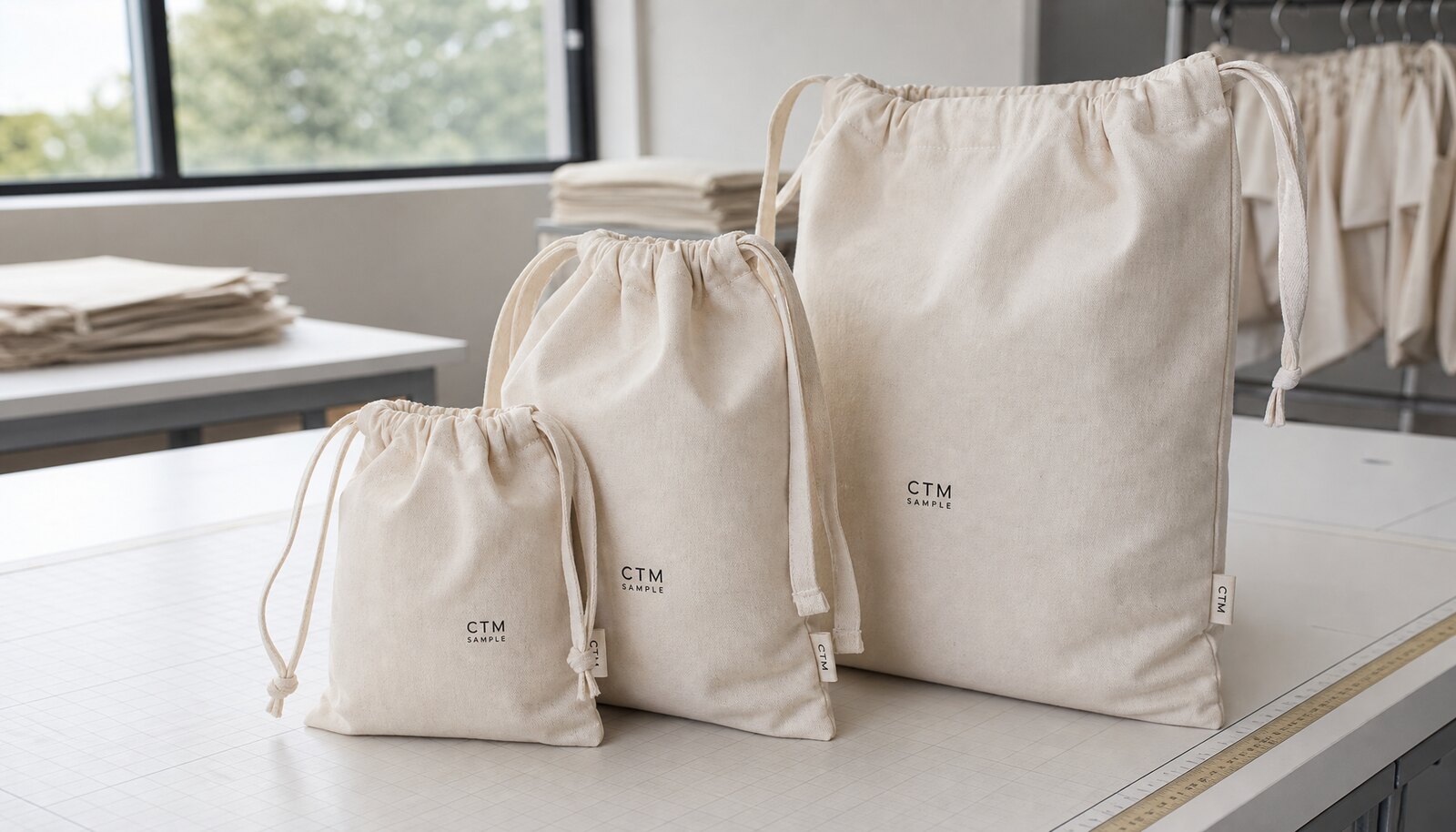 Organic cotton gift bags with a simple CTM sample logo printed on a natural cotton bag in a factory sample room