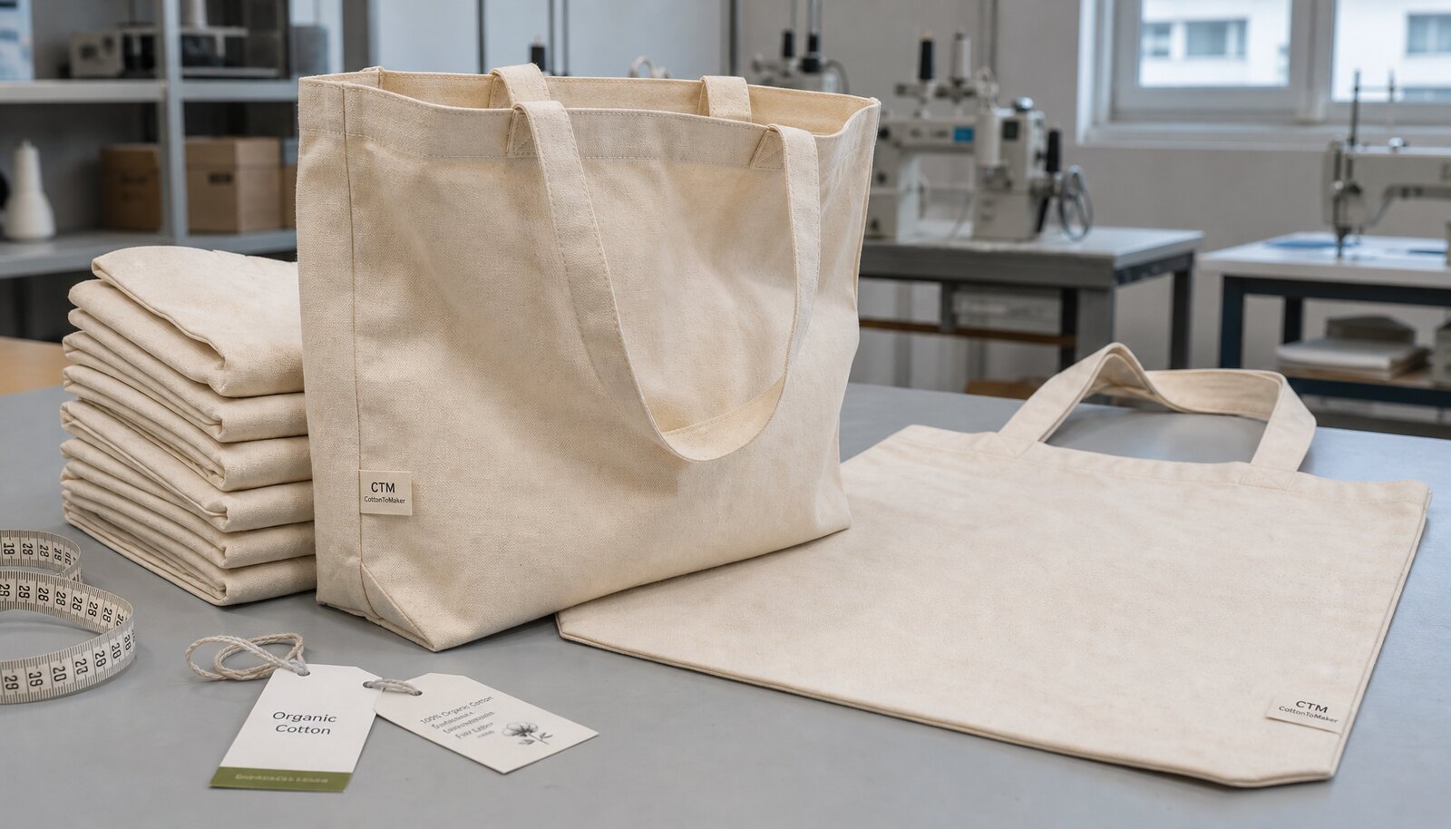 Organic cotton gift bags for retail with CTM sample label in a factory sample room