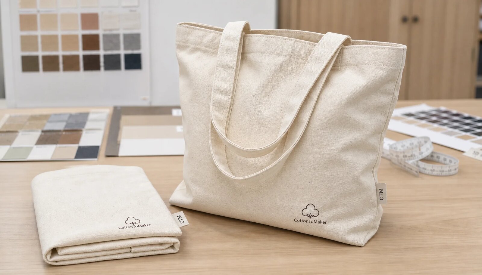 Organic cotton hotel retail tote with CTM sample logo on a factory sample room table