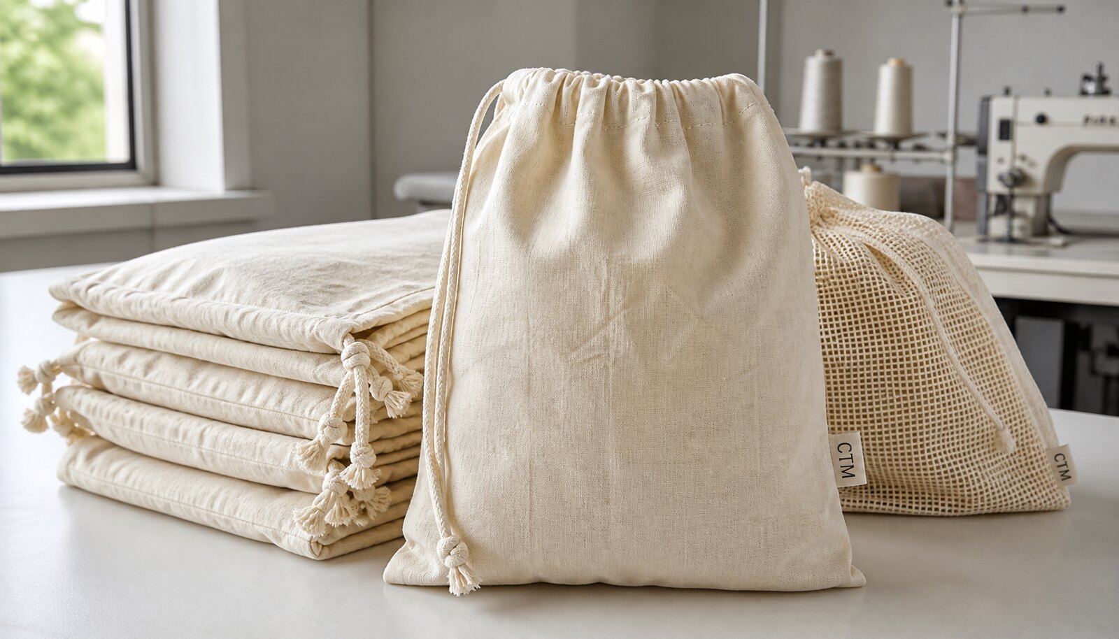 Organic cotton produce bags in a factory sample room with a stitched CTM side label.