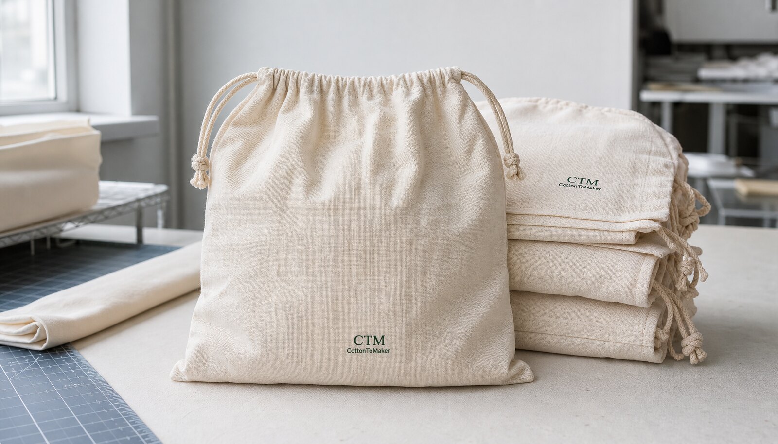 Organic cotton produce bags with a small CTM sample logo printed directly on the bag in a factory sample room